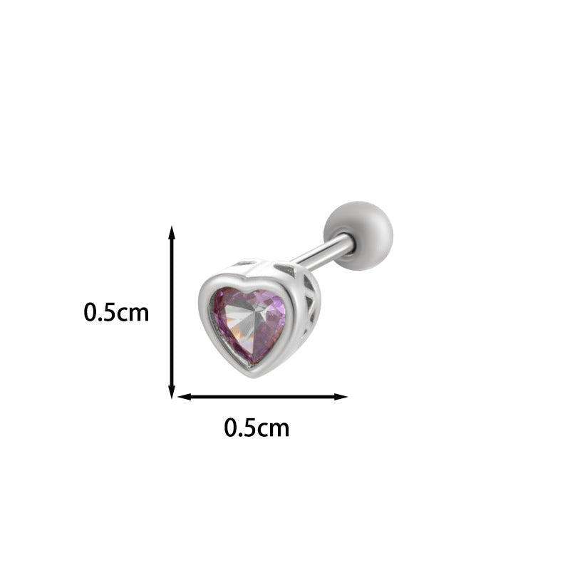 Loving Heart Zircon Ear Bone Pin Titanium Steel Screw Stud Earrings