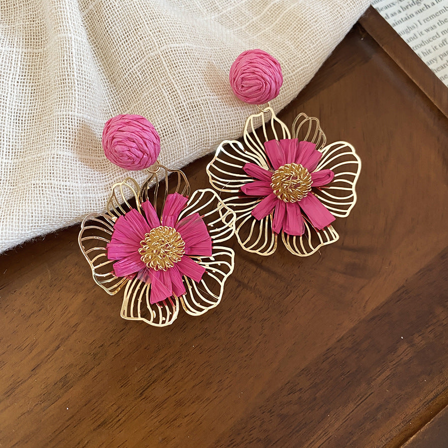 Vacation Style Metal Raffia Flower Sier Sweet Fresh Earrings