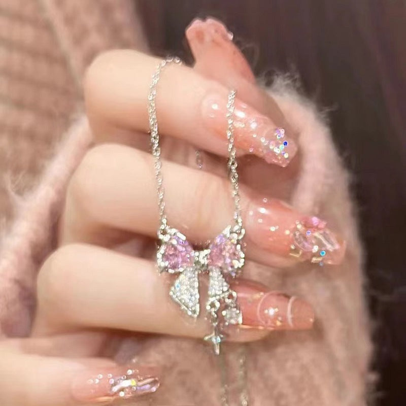 Pink Zircon Bow Niche Elegant Simple Light Necklaces