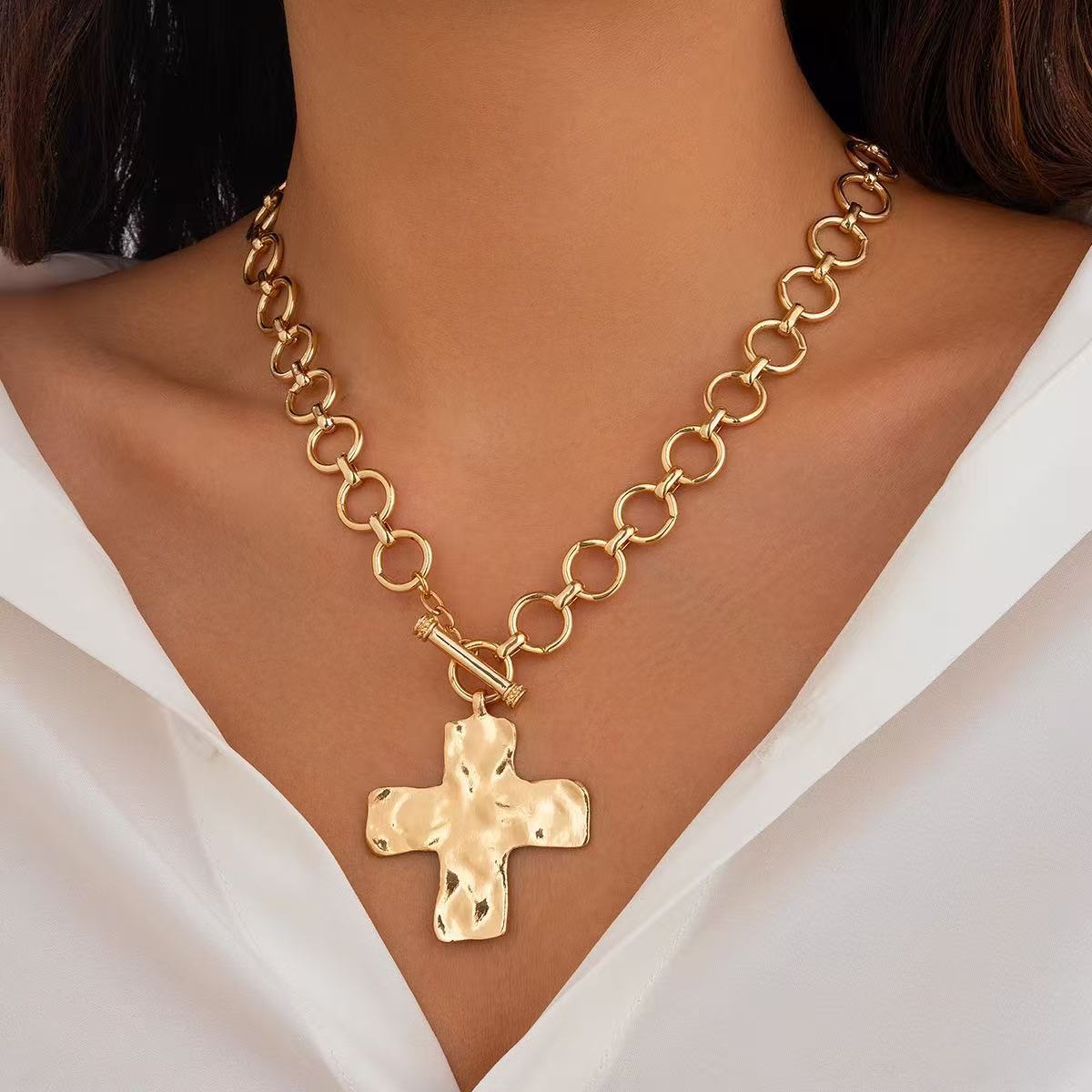 Simple Punk Metal Cross Female Button Chain Necklaces