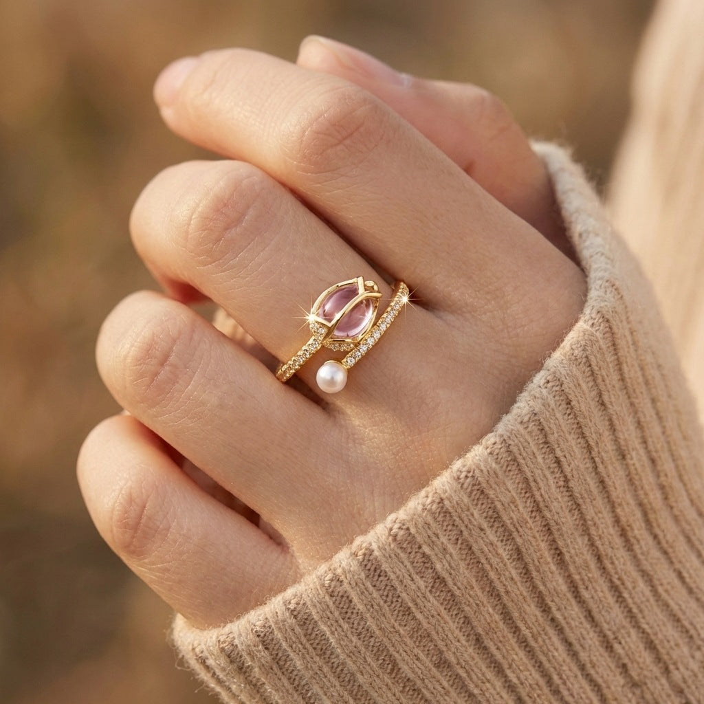 Creative Design Tulip Minority Fashion Female Exquisite Versatile Pearl Ring