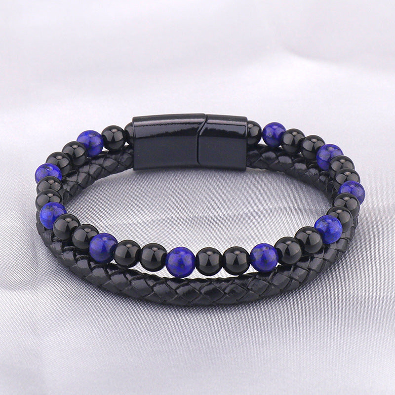 Men's Tiger Eye Beaded Genuine Leather Alloy Cowhide Bracelet