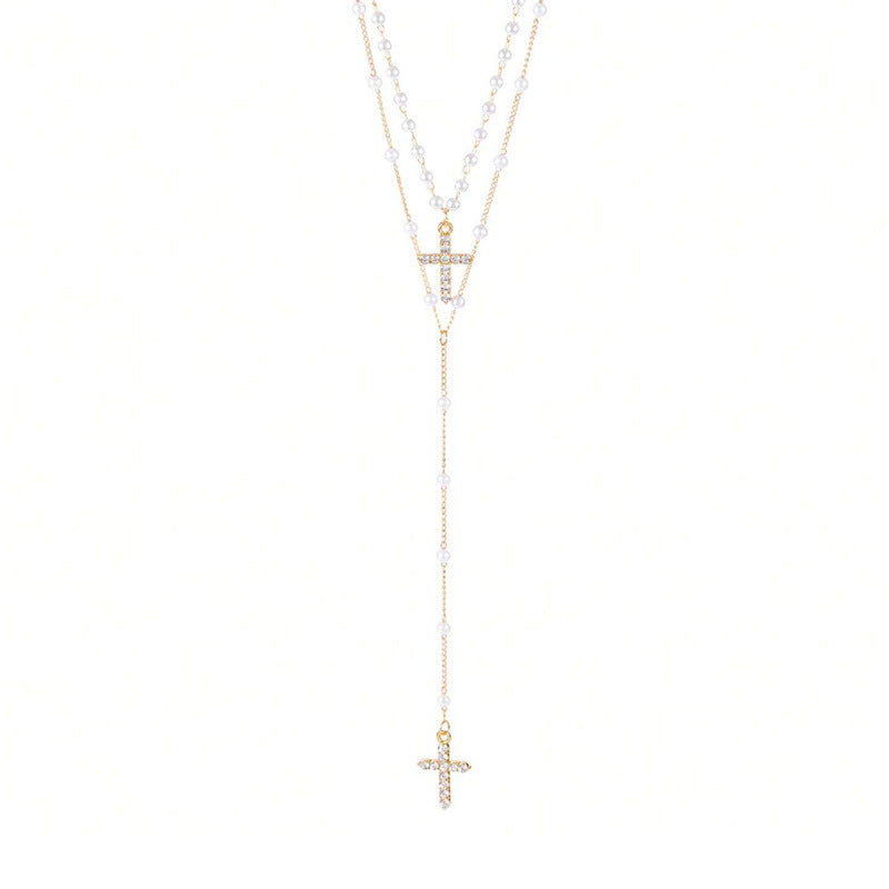 Women's Elegant Imitation Pearl Gold Cross Y-shaped Beaded Twin Clavicle Necklace