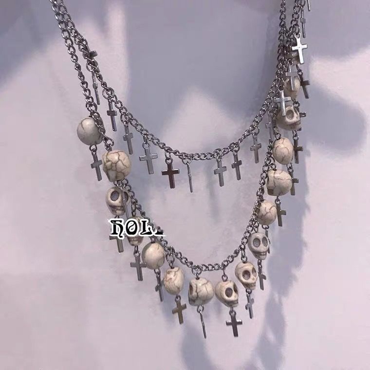 Punk Cross White Chain Sier Double Necklaces