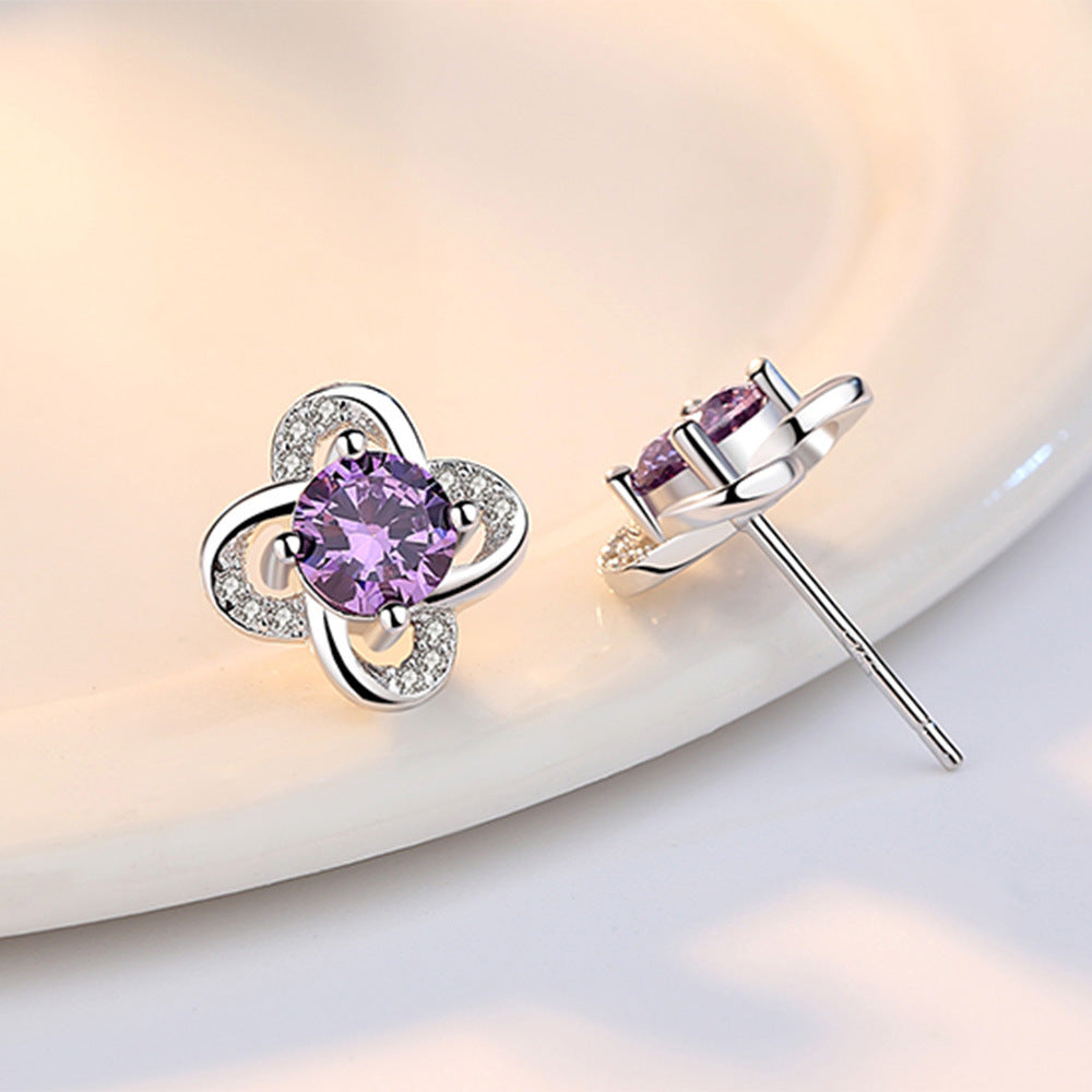 Women's Fashion Flower Sier Lucky Leaf Grass Eternal Stud Earrings