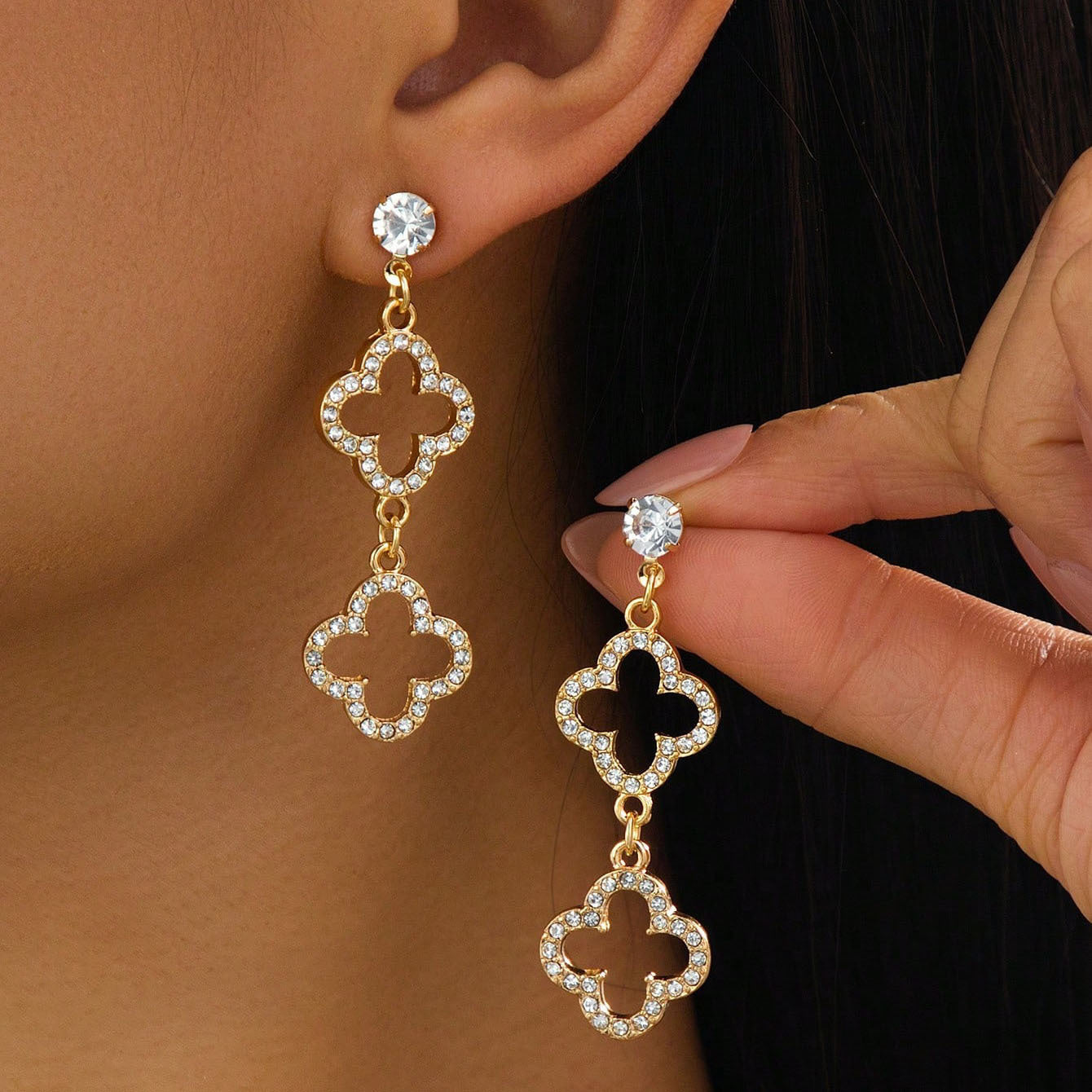 Luxury Four-leaf Clover Rhinestone Female Pink Zircon High Rings