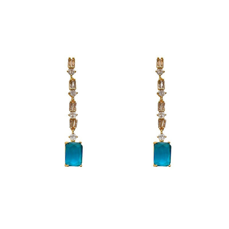 Blue Rhinestone Zircon Geometric Flower Light Luxury High-grade Design Sense Earrings