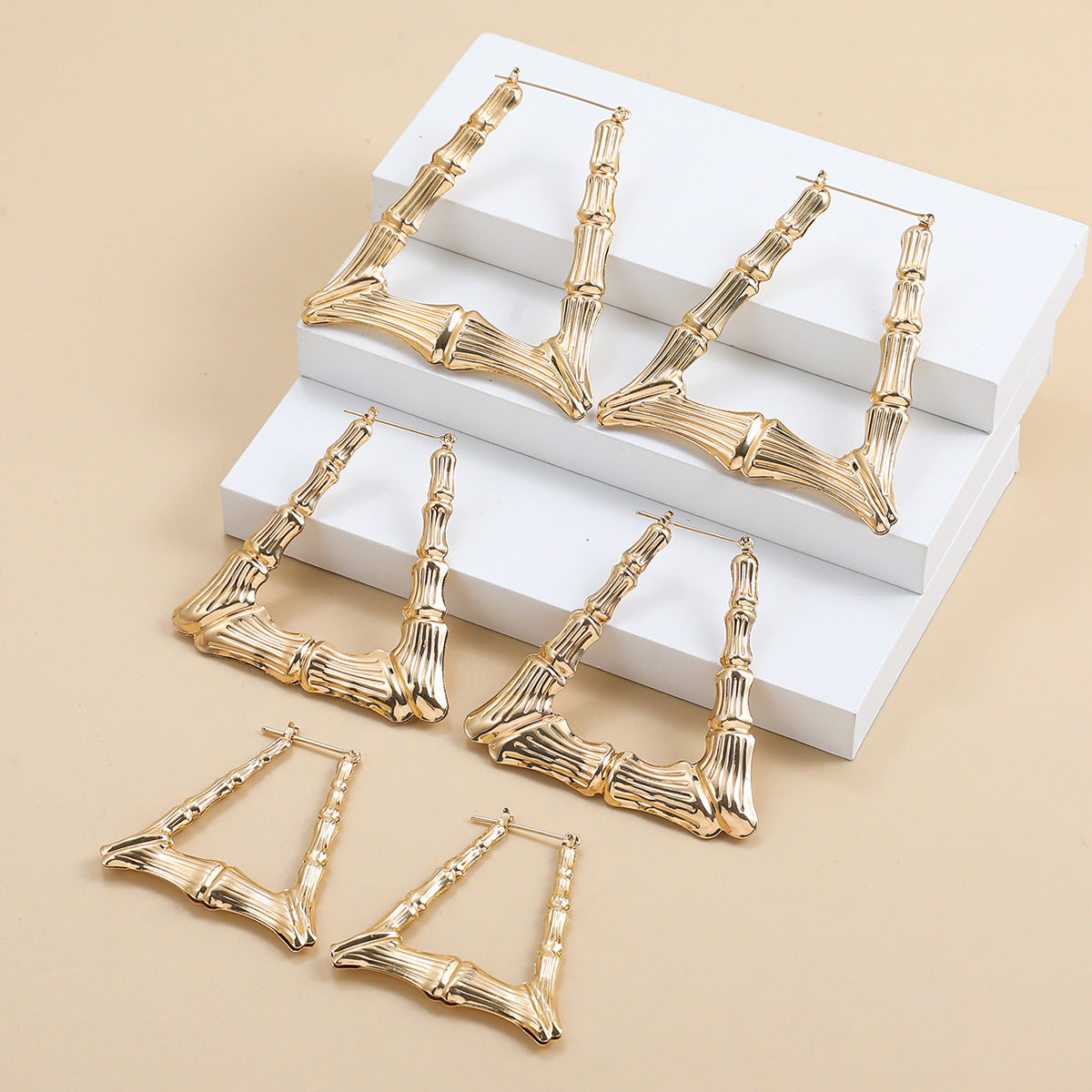 Gold Alloy Triangle Trapezoidal Hip Hop Exaggerated Oversized Bamboo Earrings