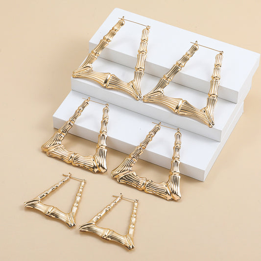 Gold Alloy Triangle Trapezoidal Hip Hop Exaggerated Oversized Bamboo Earrings