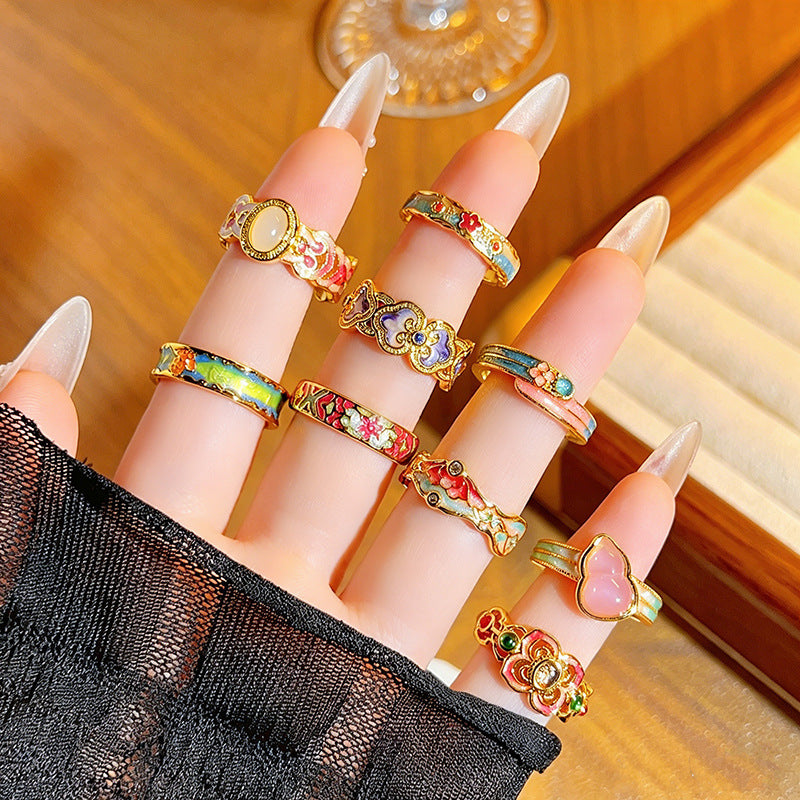 Chinese Style Sealing Enamel Drop Oil Gourd Flower Open National Ring