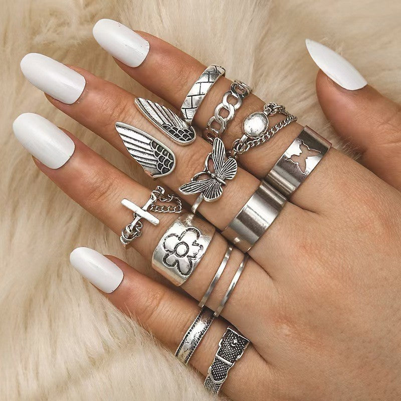 Feather Wings Stump Wood Grain Antique Sier Punk Natural Wind Ring