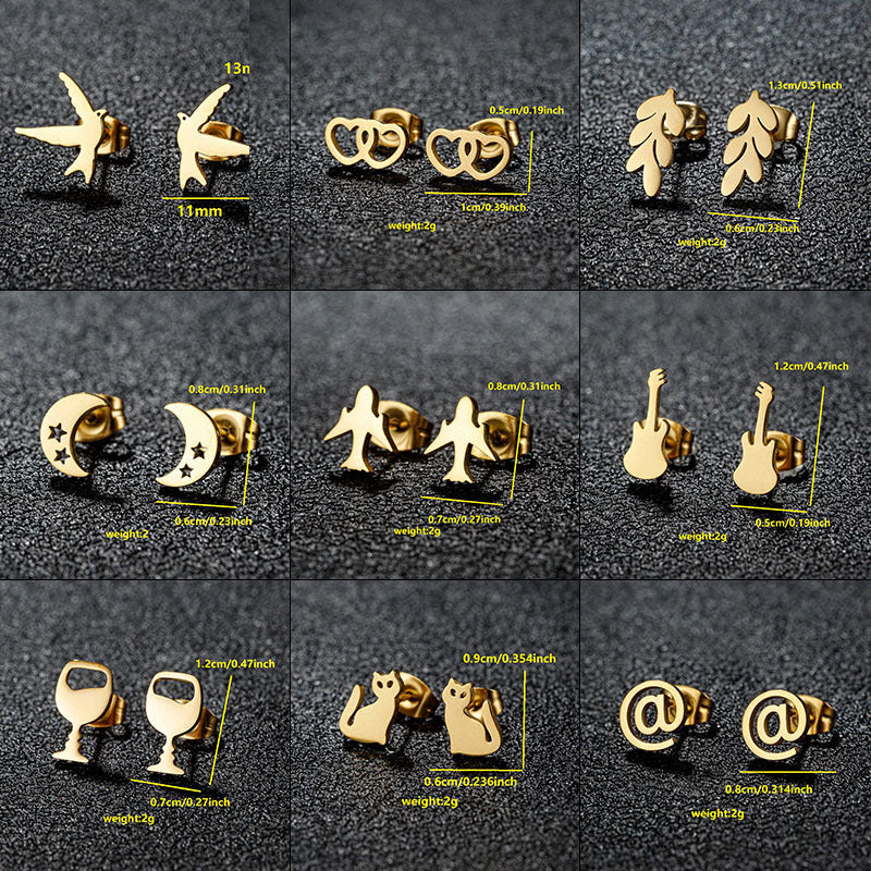 Small Animal Cat Plaid Bird Ear Geometry Stud Earrings