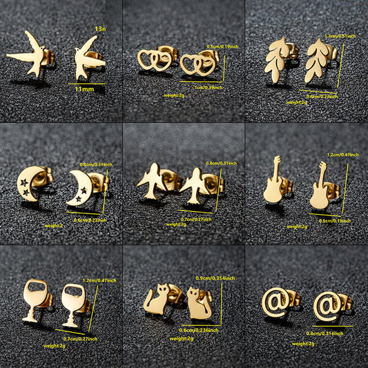 Small Animal Cat Plaid Bird Ear Geometry Stud Earrings