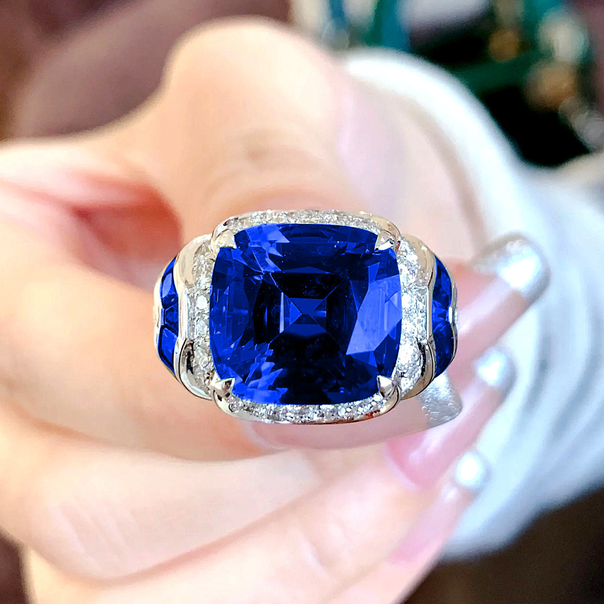 Western High Carbon Diamond Simulation Grandmother Royal Sapphire Rings