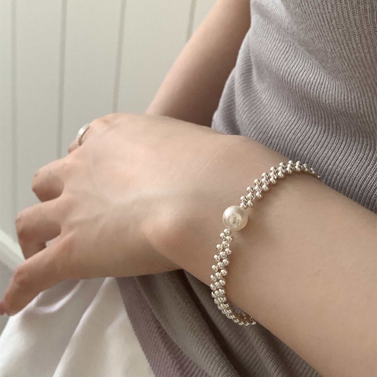Sliver Beads Woven Pearl Niche Design Bracelet
