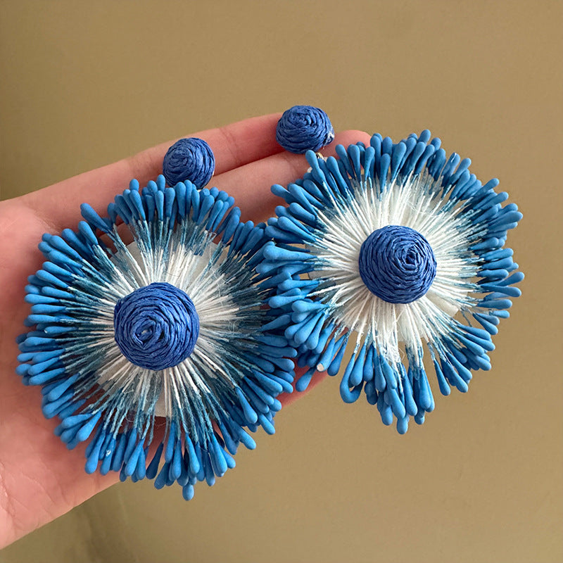 Exaggerated Handmade Raffia Sunflower Unique Travel Earrings