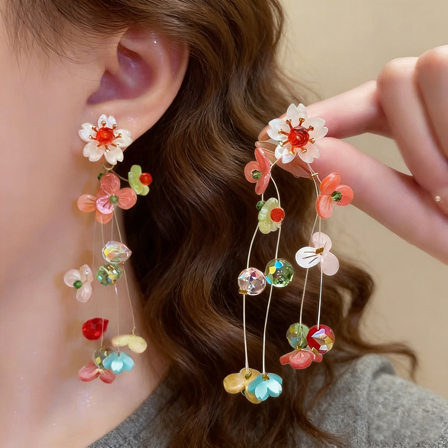 Women's Dopamine Beaded Flower Tassel For Handmade Sweet Beautiful Design Stud Earrings