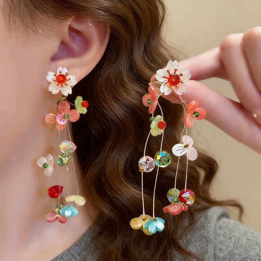 Women's Dopamine Beaded Flower Tassel For Handmade Sweet Beautiful Design Stud Earrings