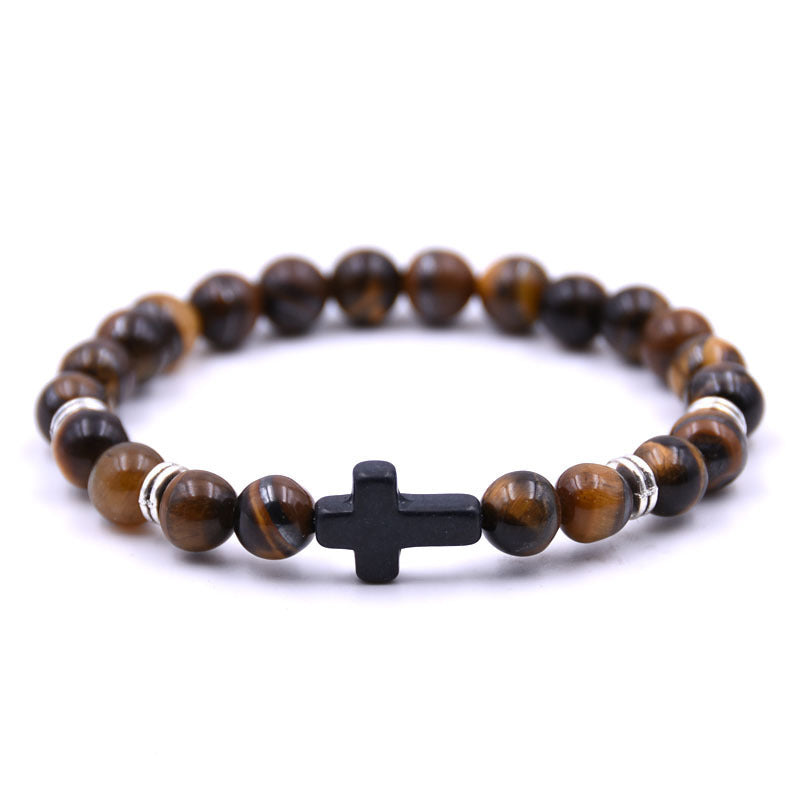 Energy Natural Stone White-barked Pine Blue Crystal Metal Cross Bracelets