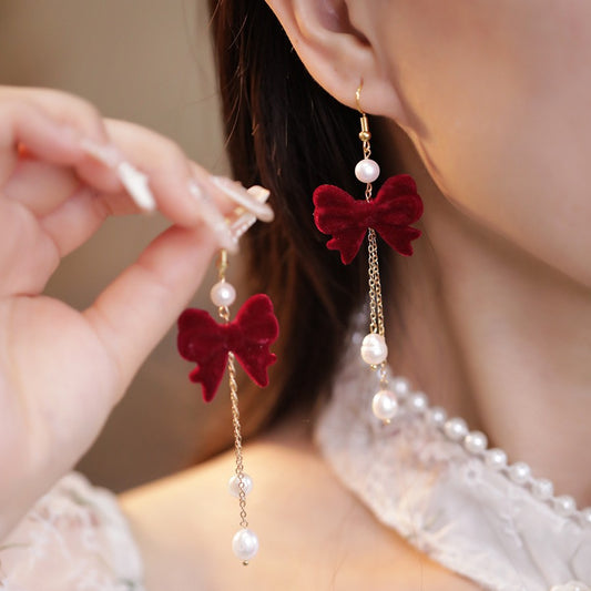 Red Elegance Retro Cheongsam Antique Eardrops Tassel Long Bow Earrings