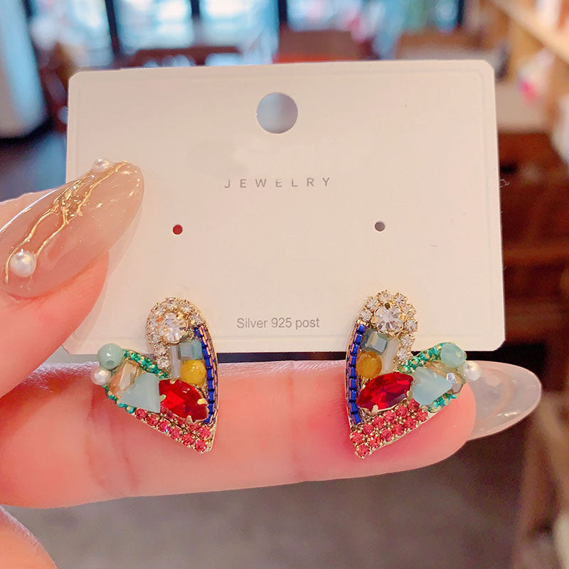 Fashion Handmade Crystal Love Heart Unique Design Sier Stud Earrings