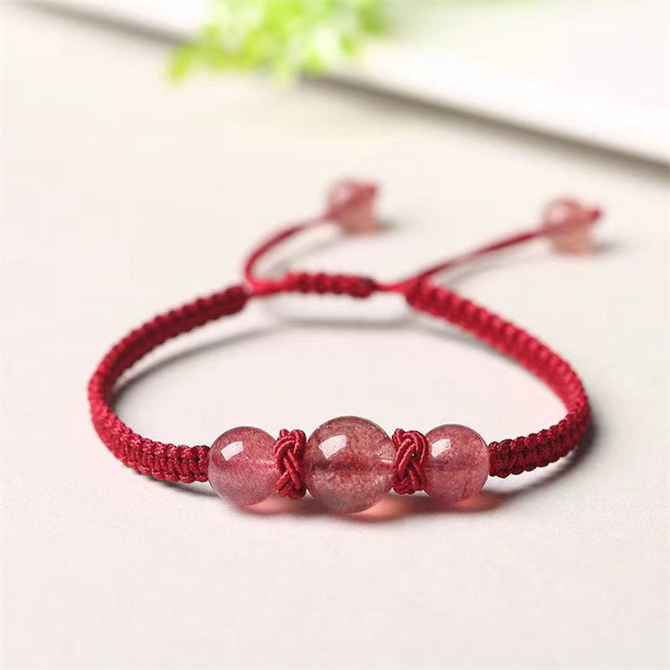 Women's Handmade Strawberry Quartz Obsidian Woven Crystal Bracelets