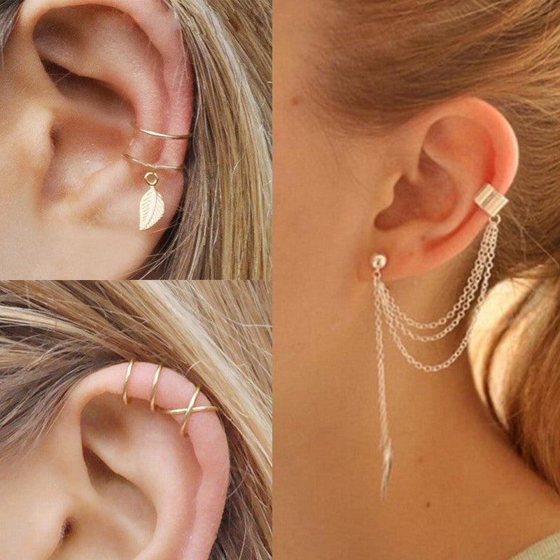 Metal Leaves Tassel Ear Clip Earless Personality Natural Earrings