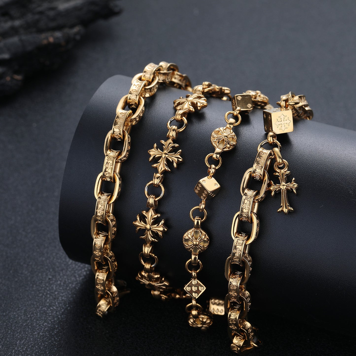 Women's & Men's Retro Titanium Steel Dice Cruciate Flower Simple Hip Hop Gold Bracelet
