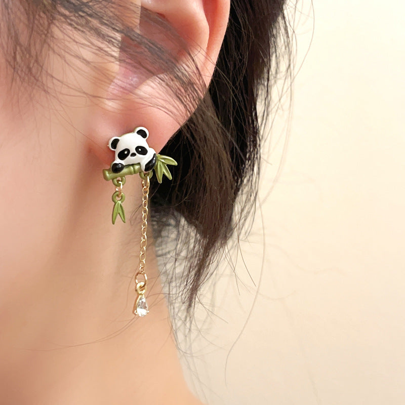 Women's Needle Cute Fashion National Bamboo Panda Personality Pearl Earrings