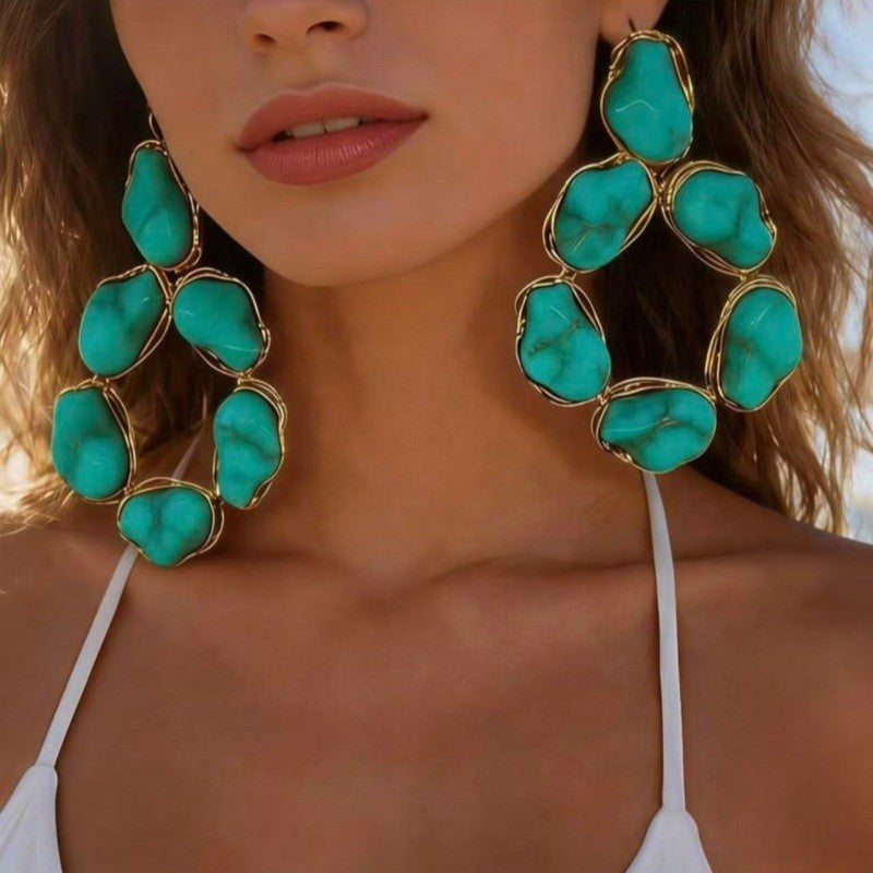 Exaggerated Shaped Pearl Turquoise Large Vacation Style Niche Design Retro Earrings