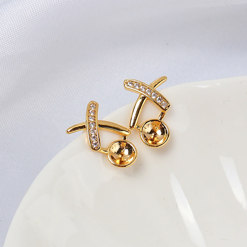 Women's Electroplated Real Gold X Type Zircon Pearl Auricular Needle Sier Stud Earrings