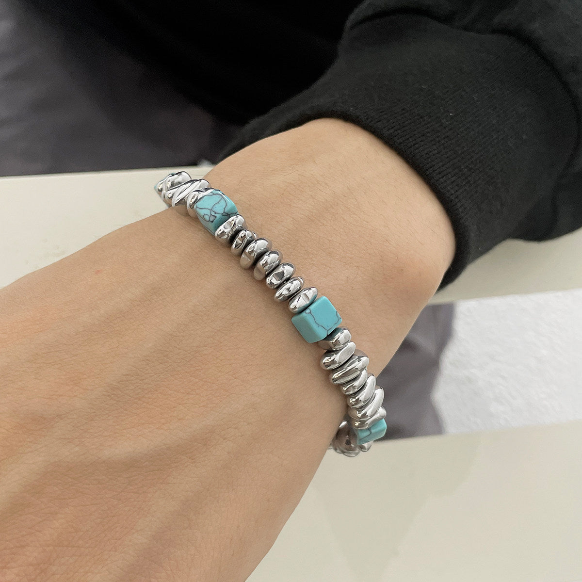 Men's Sense Niche Irregular Titanium Steel Turquoise Bracelet