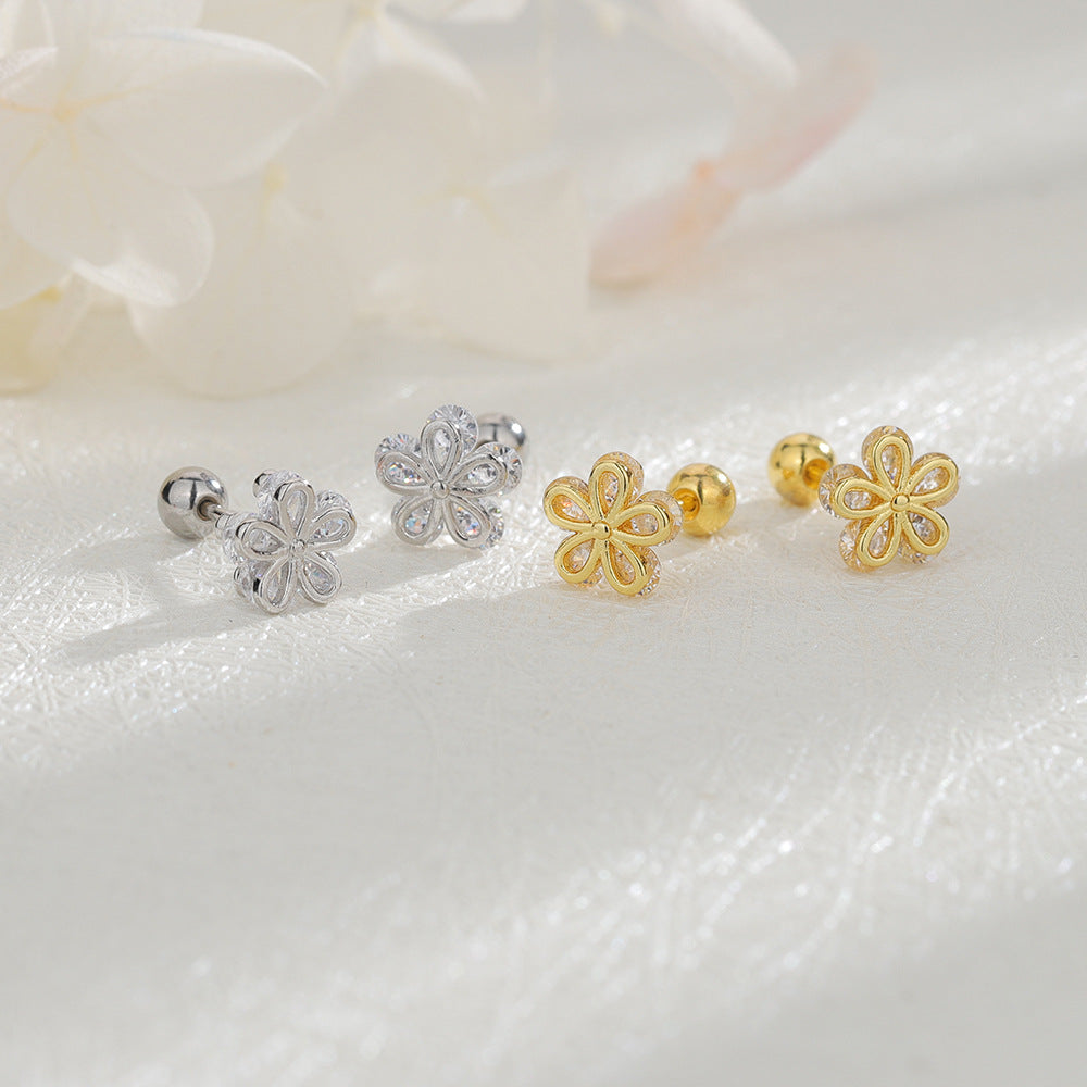 Shiny Diamond Flowers Screw Ear Bone Daily Sweet Cool Hot Stud Earrings