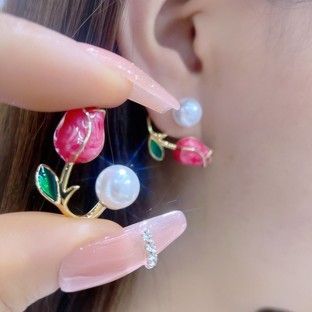 Pink Tulip Pearl Special Interest Light Luxury Design Eardrops Sweet Stud Earrings