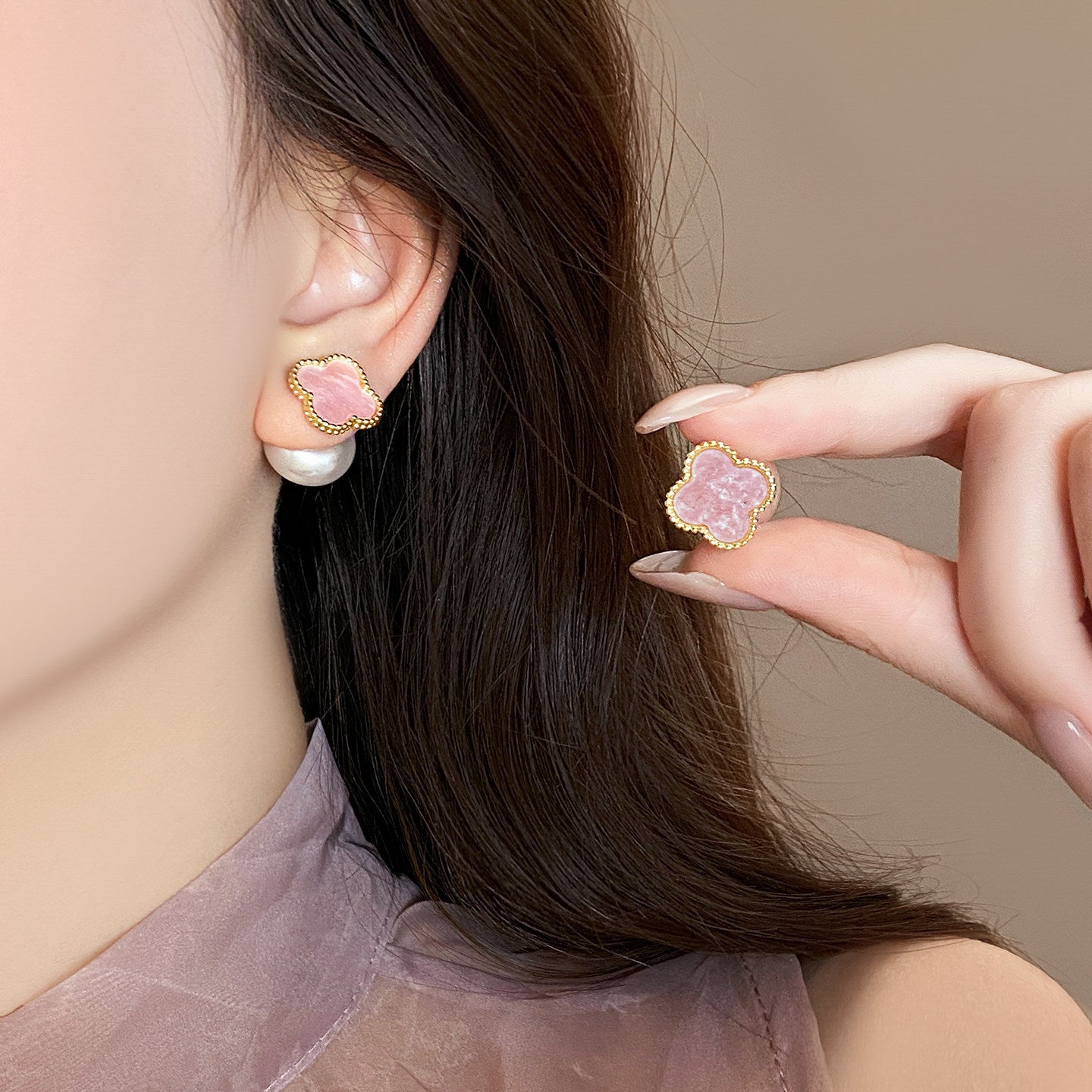 Indie Colorful Four-leaf Clover Pearl Double-sided Earrings