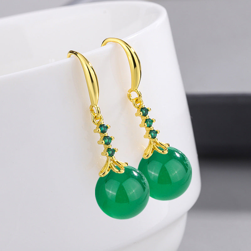 Women's Green Agate Sier Plated Zircon Carnelian Long Earrings