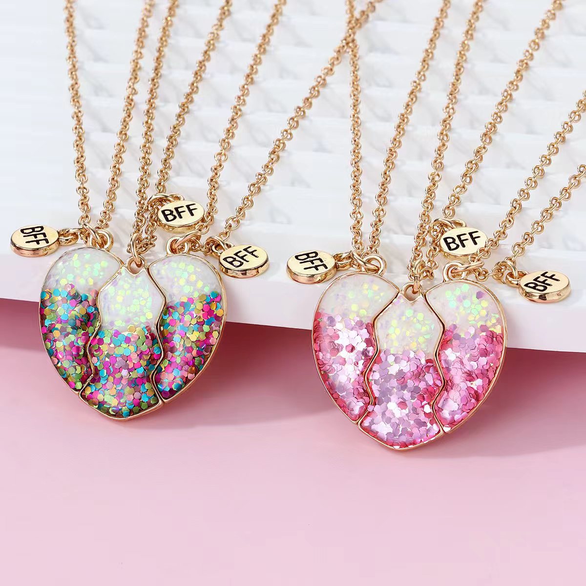 Children's Powder Drip Good Friends Suit Magnet Three People Girlfriends Birthday Necklaces