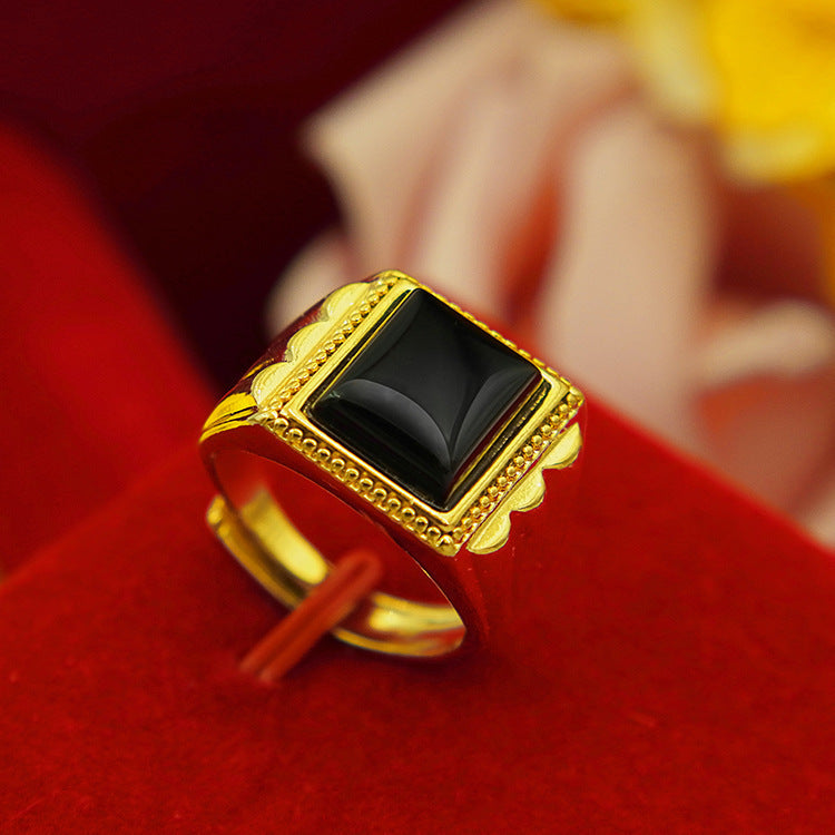 Men's Square Oval Man's Brass Gold-plated Inlaid Obsidian Ring
