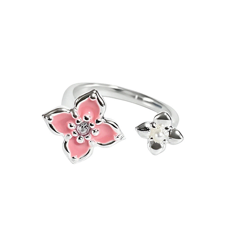 Cherry Blossoms Colorful Enamel Open Gentle Sweet Niche Flower Rings