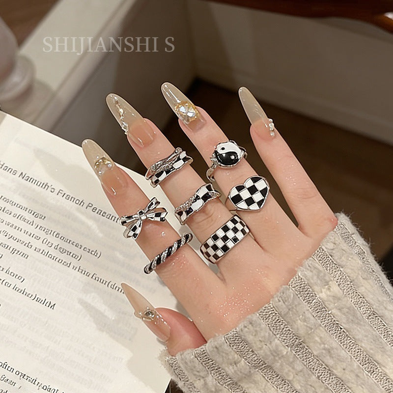 Deep Sweet Cool Chessboard Black White Grid Lazy Rings