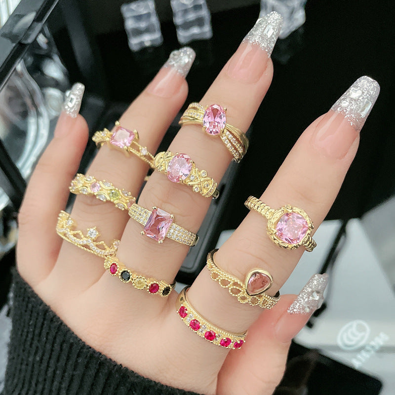 French Retro Court Gold Pink Diamond Open Female Rings