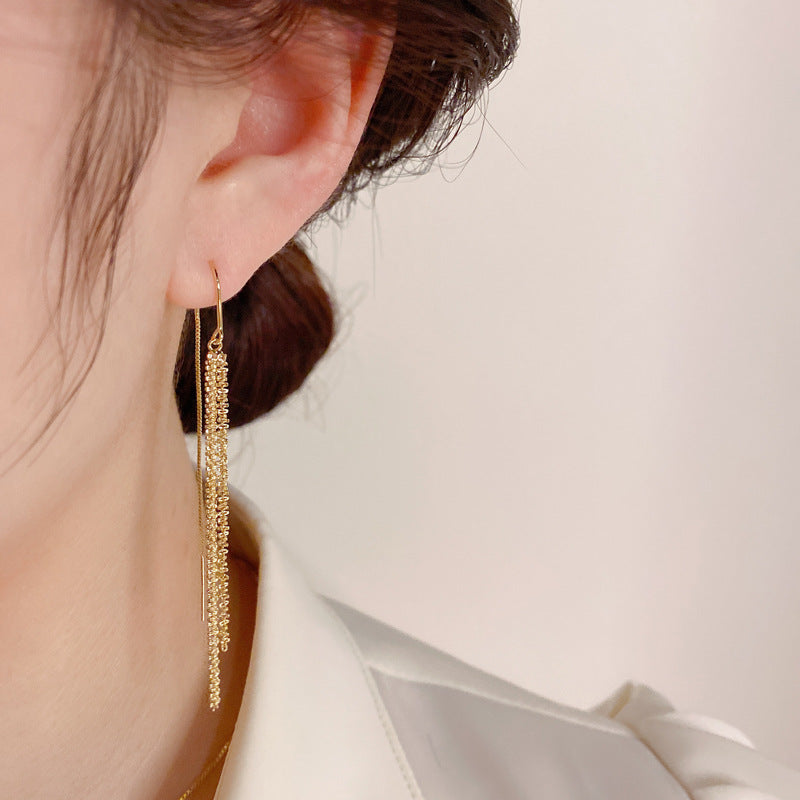 Women's Graceful Fashionable Metal Sense Long Fringed Thread Exquisite Slimming Earrings