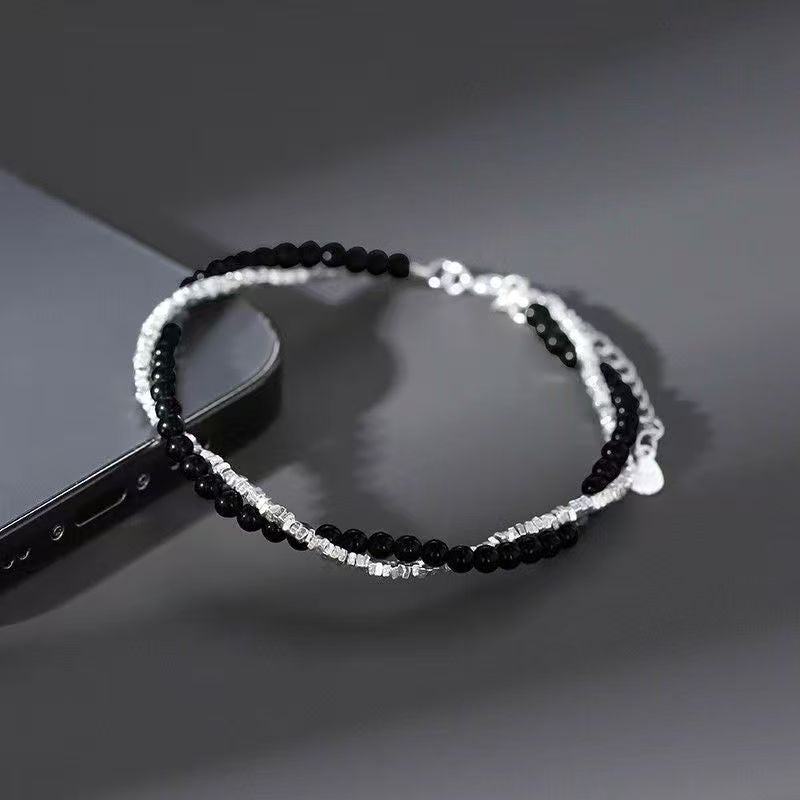 Men's Sier Winding Fashionable Personalized Cold Style Wind Black Beaded Bracelets