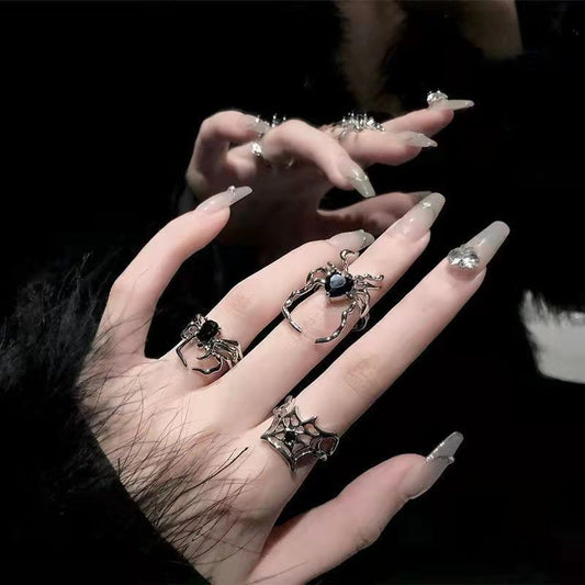 Retro Black Gem Spider Nail Niche Design Cold Wind Open Ring