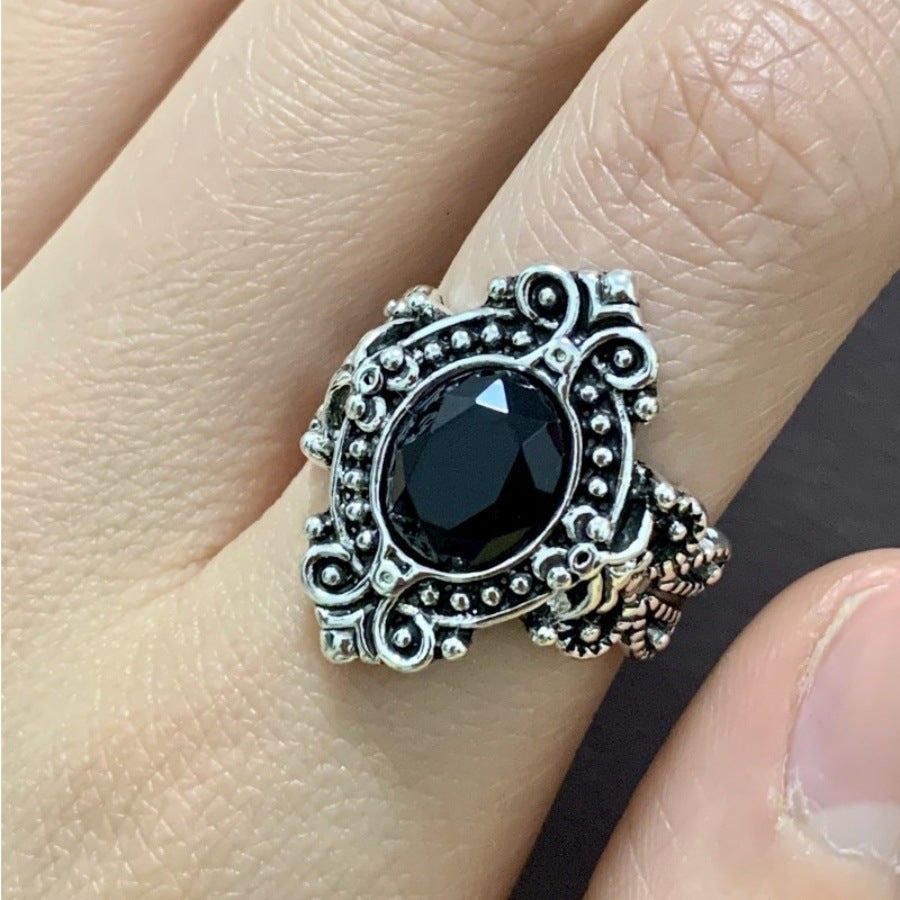 Black Synthetic Zircon Vintage Sier Plated Goose Ring