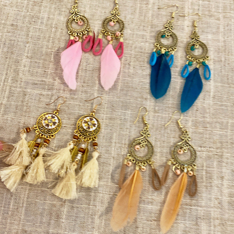 Style Retro Feather Long Holiday Beads Earrings