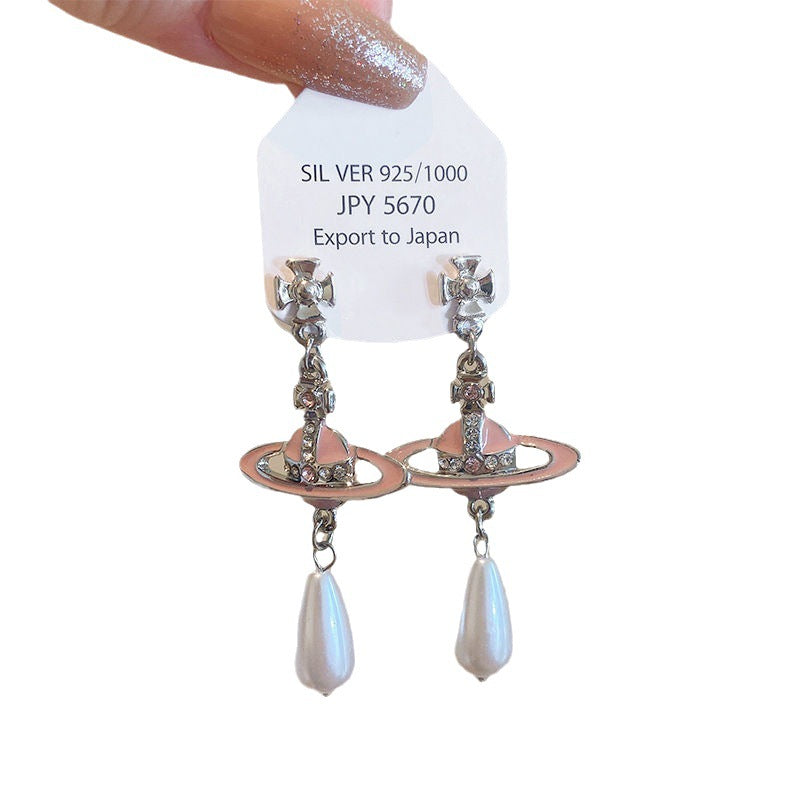 Autumn Saturn Cross Pearl Tassel Niche Earrings