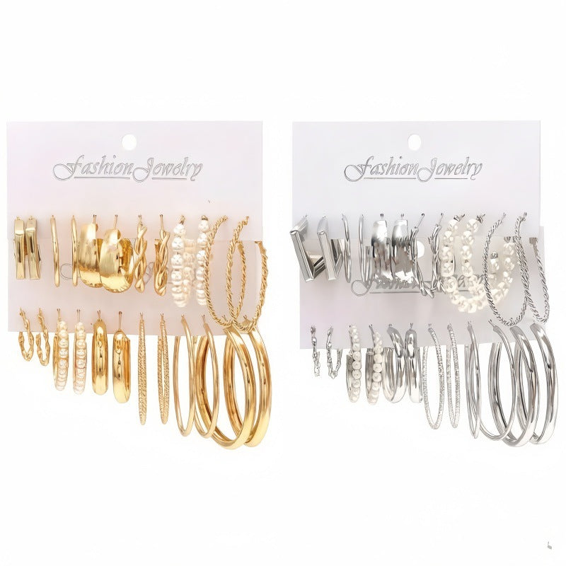 Geometric Square Imitation Pearl Ear Pairs Rings