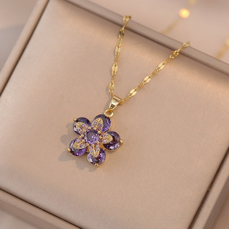 Female Minority Fashion Design Rotating Bauhinia Zircon Flower Necklace