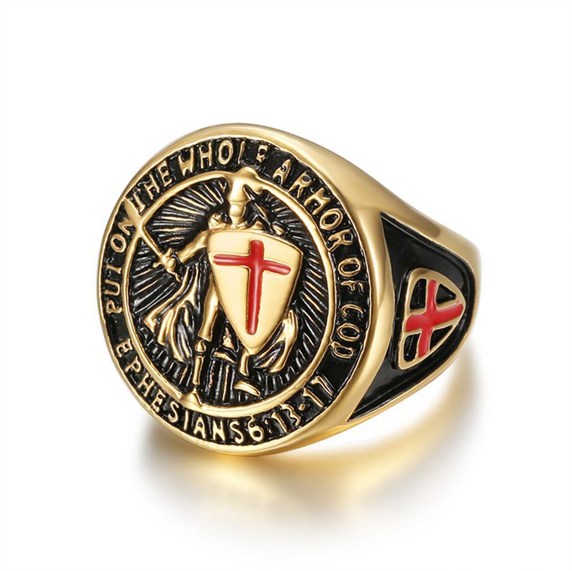 Men's Steel Gold-plated Vintage Templar Red Cross Rings